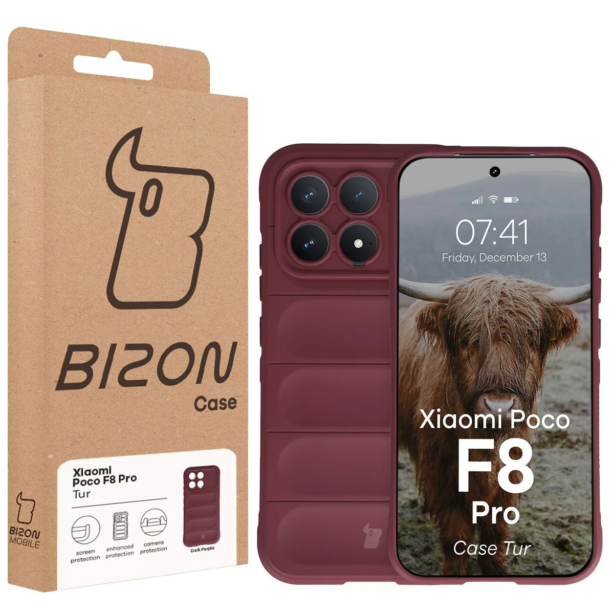 Fața cutiei Bizon Case cu eticheta dedicată pentru Xiaomi POCO F8 Pro