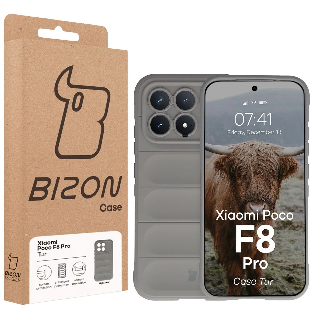 Fața cutiei Bizon Case cu eticheta dedicată pentru Xiaomi POCO F8 Pro