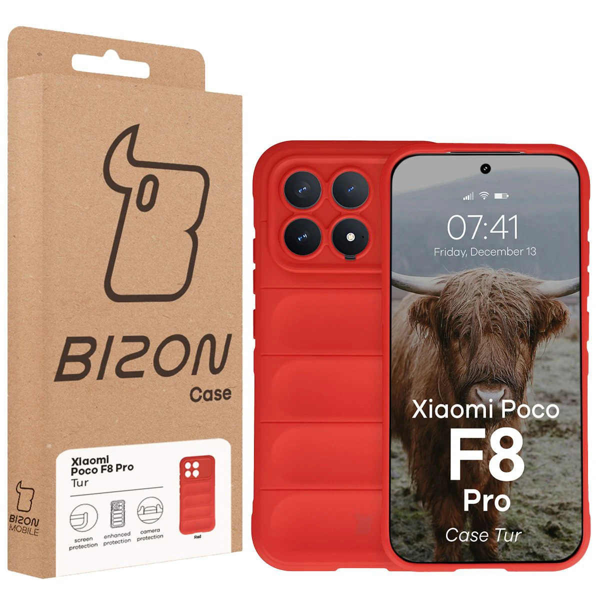 Fața cutiei Bizon Case cu eticheta dedicată pentru Xiaomi POCO F8 Pro