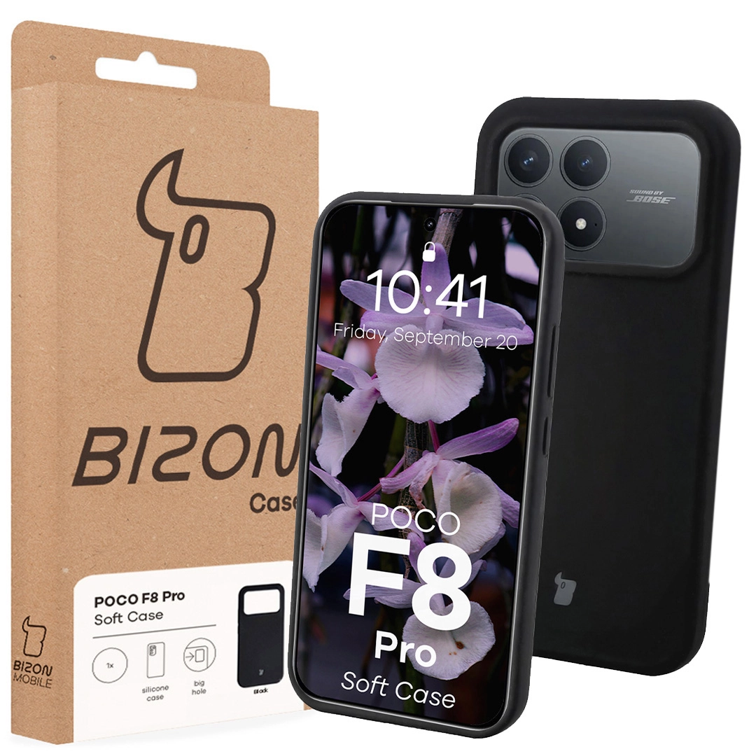 Vorderseite der Verpackung Bizon Case mit dediziertem Etikett für Xiaomi POCO F8 Pro