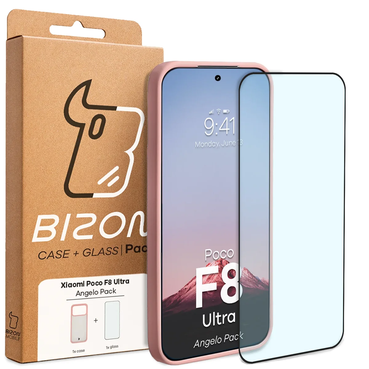 Przód pudełka Bizon Case Angelo Pack z dedykowaną etykietą do Xiaomi POCO F8 Ultra