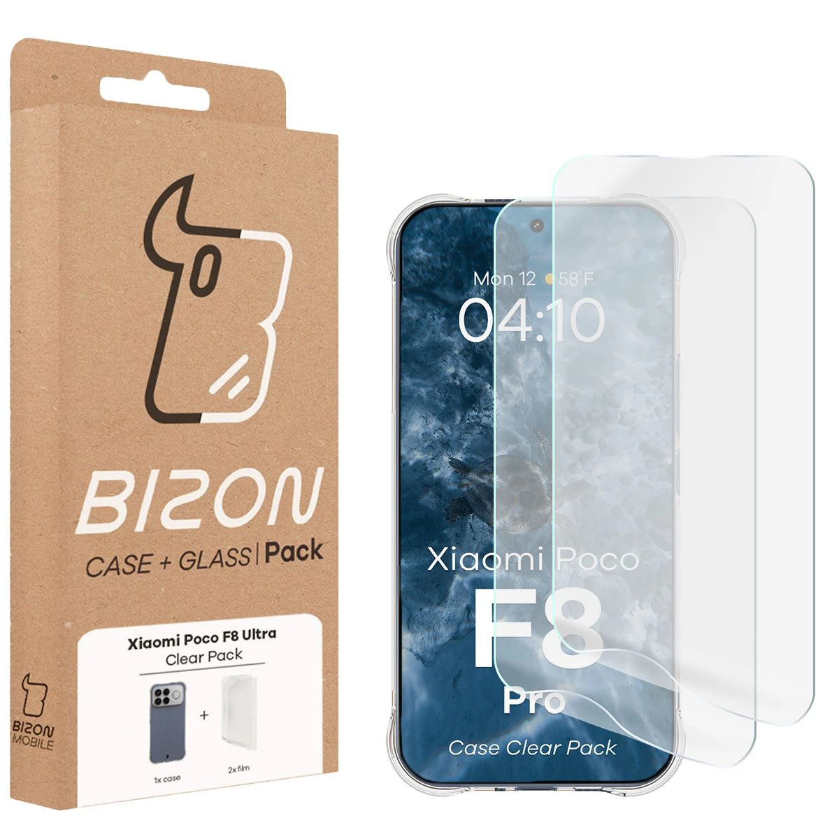 Front of the Bizon Case+Glass box with a dedicated label for Xiaomi POCO F8 Ultra