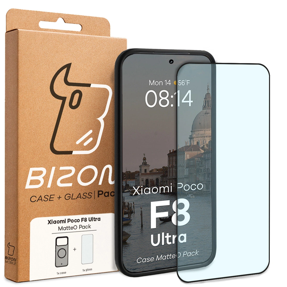 Przód pudełka Bizon Case Matteo Pack z dedykowaną etykietą do Xiaomi POCO F8 Ultra