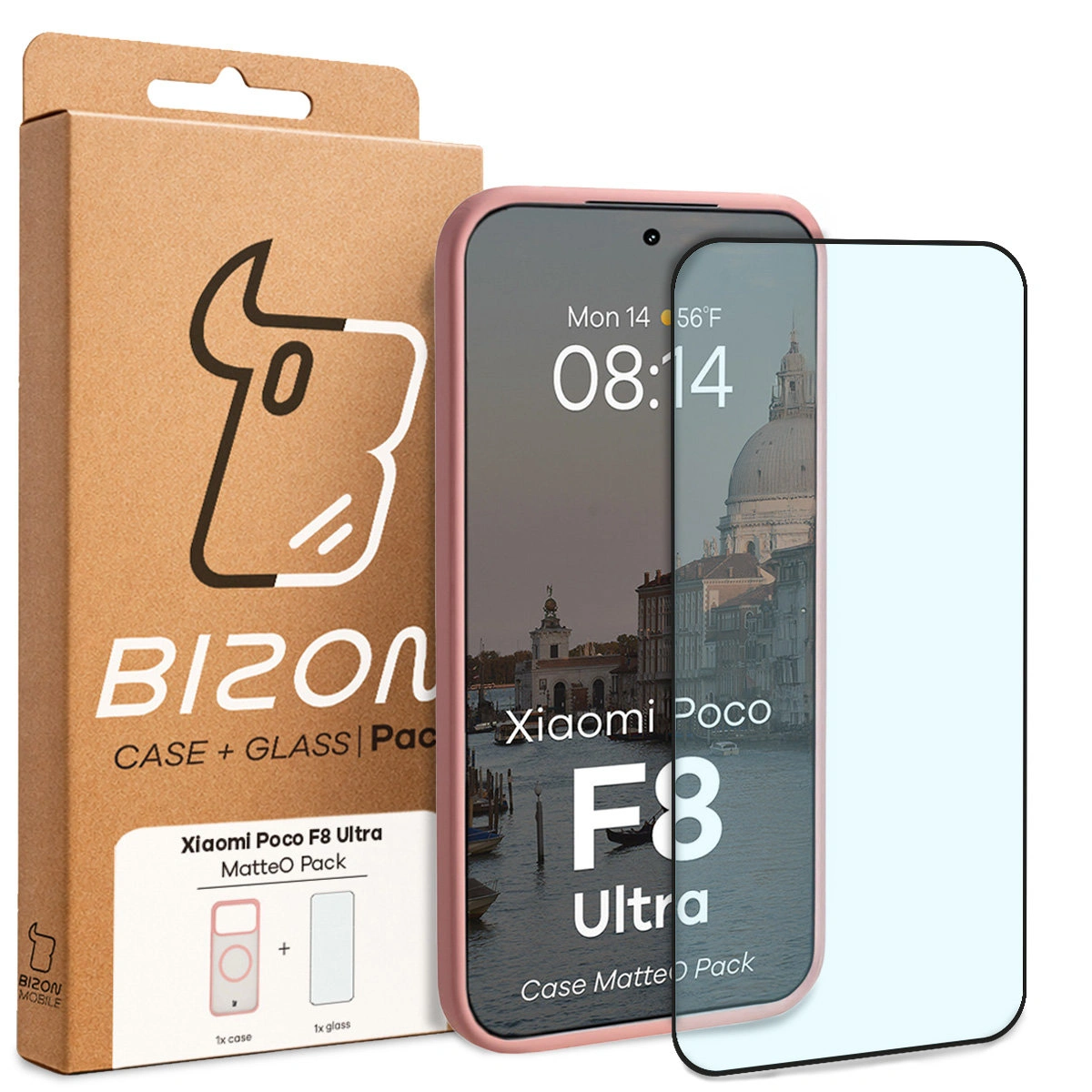 Przód pudełka Bizon Case Matteo Pack z dedykowaną etykietą do Xiaomi POCO F8 Ultra
