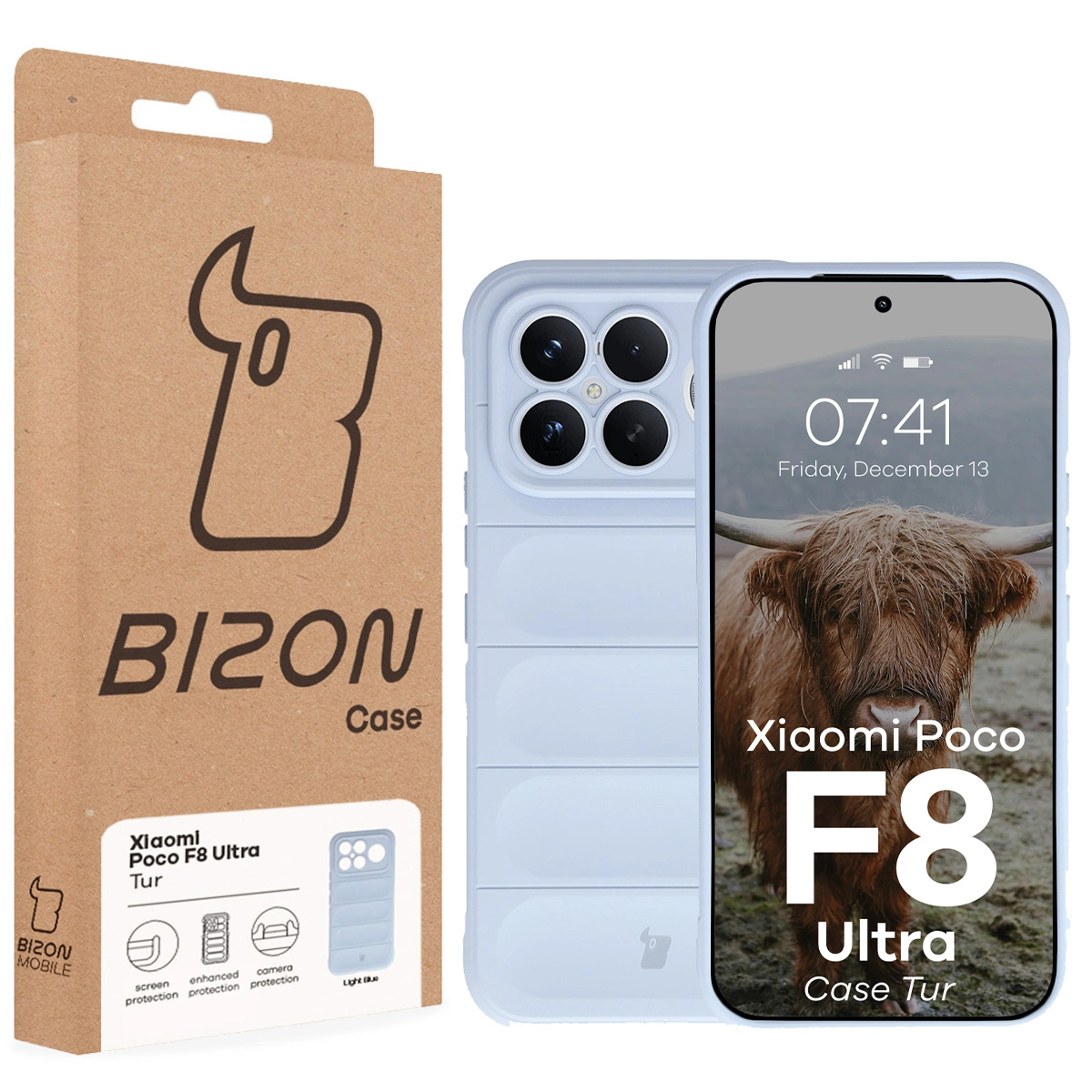 Fața cutiei Bizon Case cu eticheta dedicată pentru Xiaomi POCO F8 Ultra