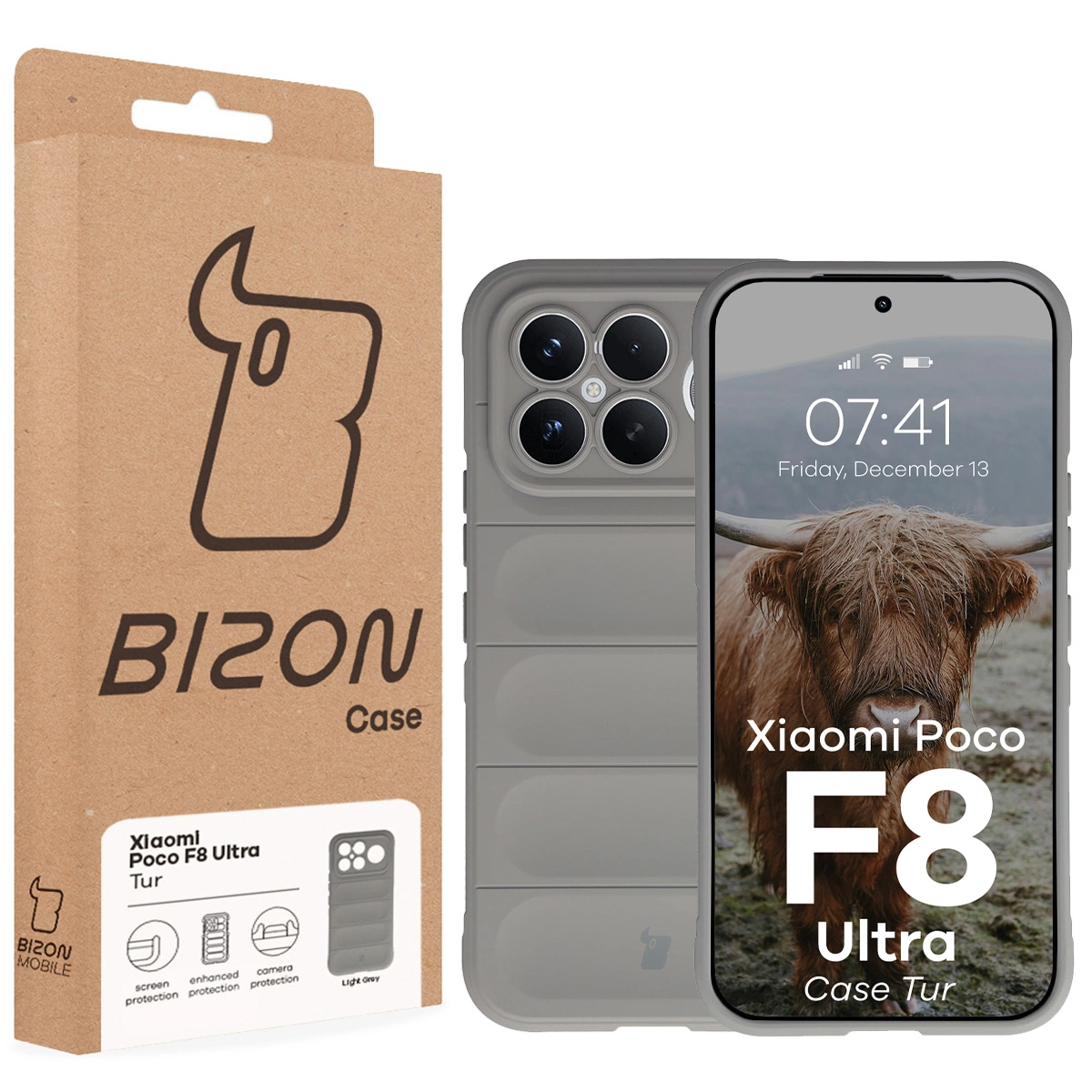 Fața cutiei Bizon Case cu eticheta dedicată pentru Xiaomi POCO F8 Ultra