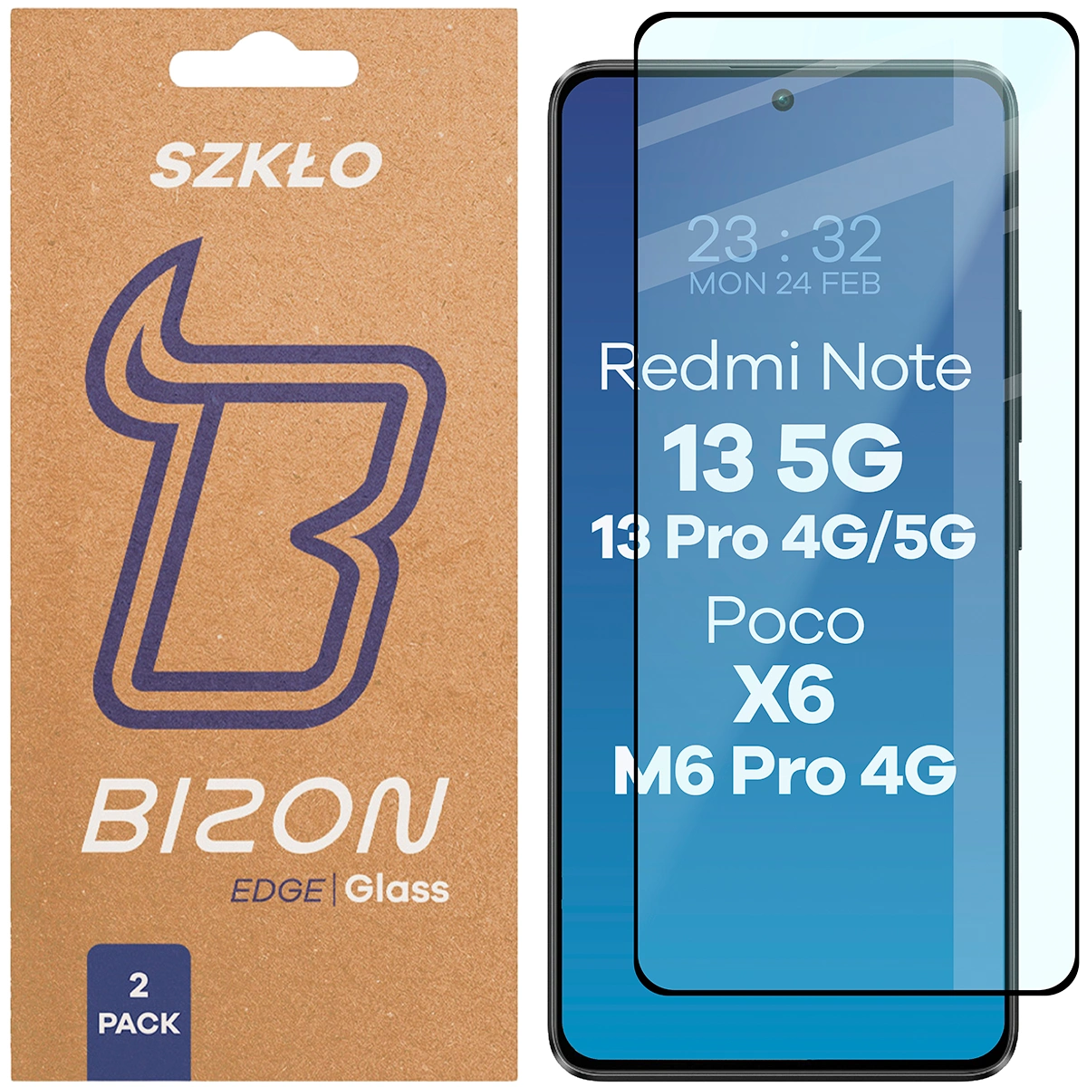 Szkło hartowane na cały ekran Bizon Glass Edge Duo dla Xiaomi POCO X6 / Xiaomi Redmi Note 13 5G / Xiaomi Redmi Note 13 Pro 4G/5G / Xiaomi POCO M6 Pro 4G