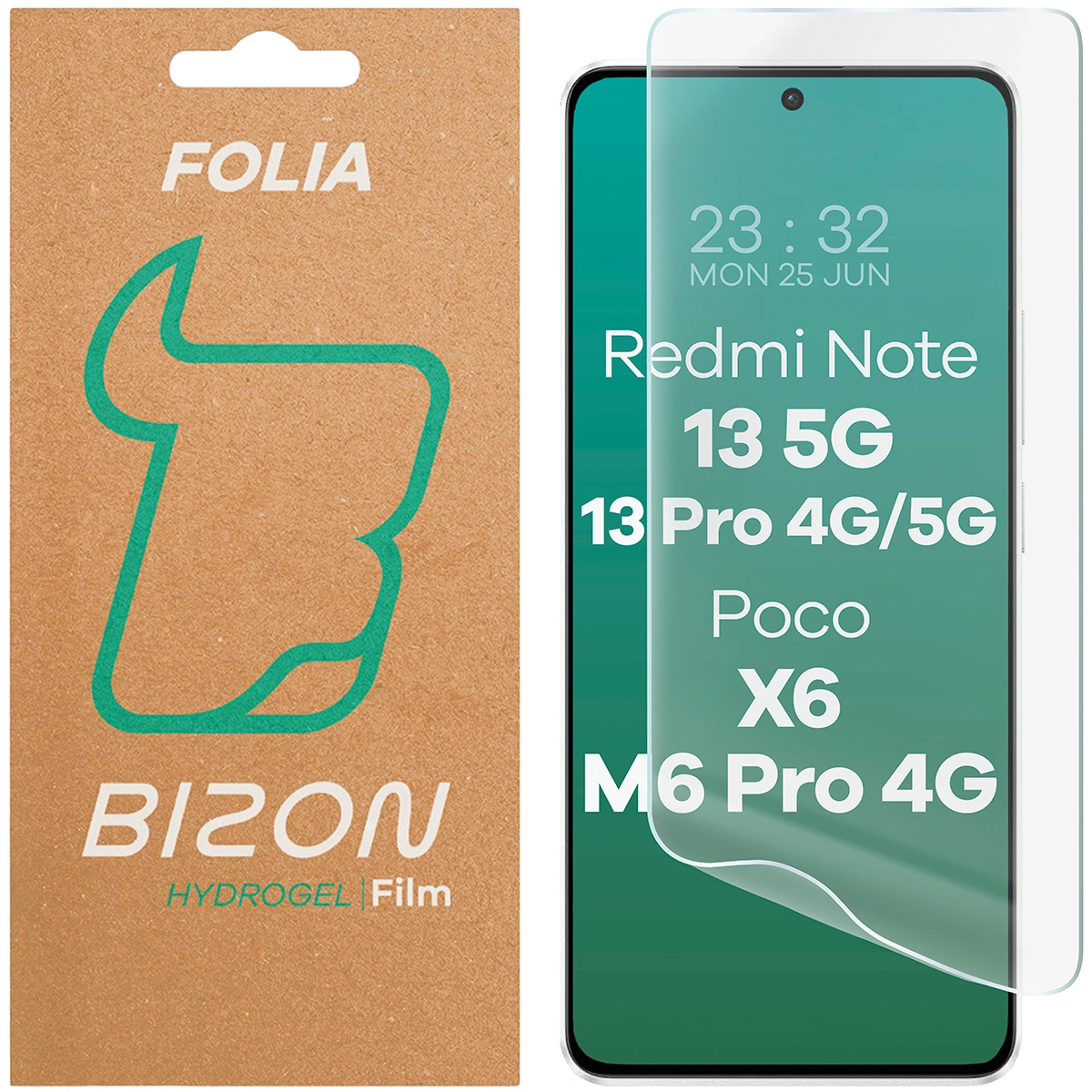 Box and hydrogel film for the Bizon Glass Hydrogel Front for Xiaomi Poco X6 / Xiaomi Redmi Note 13 5G / Xiaomi Redmi Note 13 Pro 4G/5G / Xiaomi Poco M6 Pro 4G