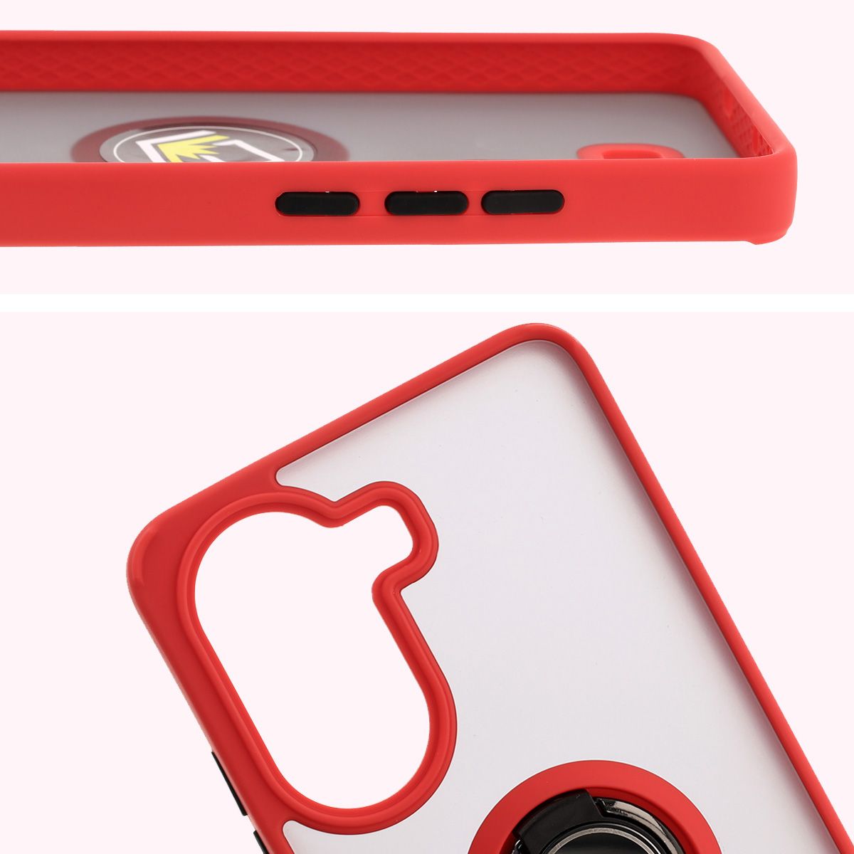 Zbliżenie na podwyższone krawędzie przy wyświetlaczu i wyspie aparatu w etui Bizon Hybrid Ring
