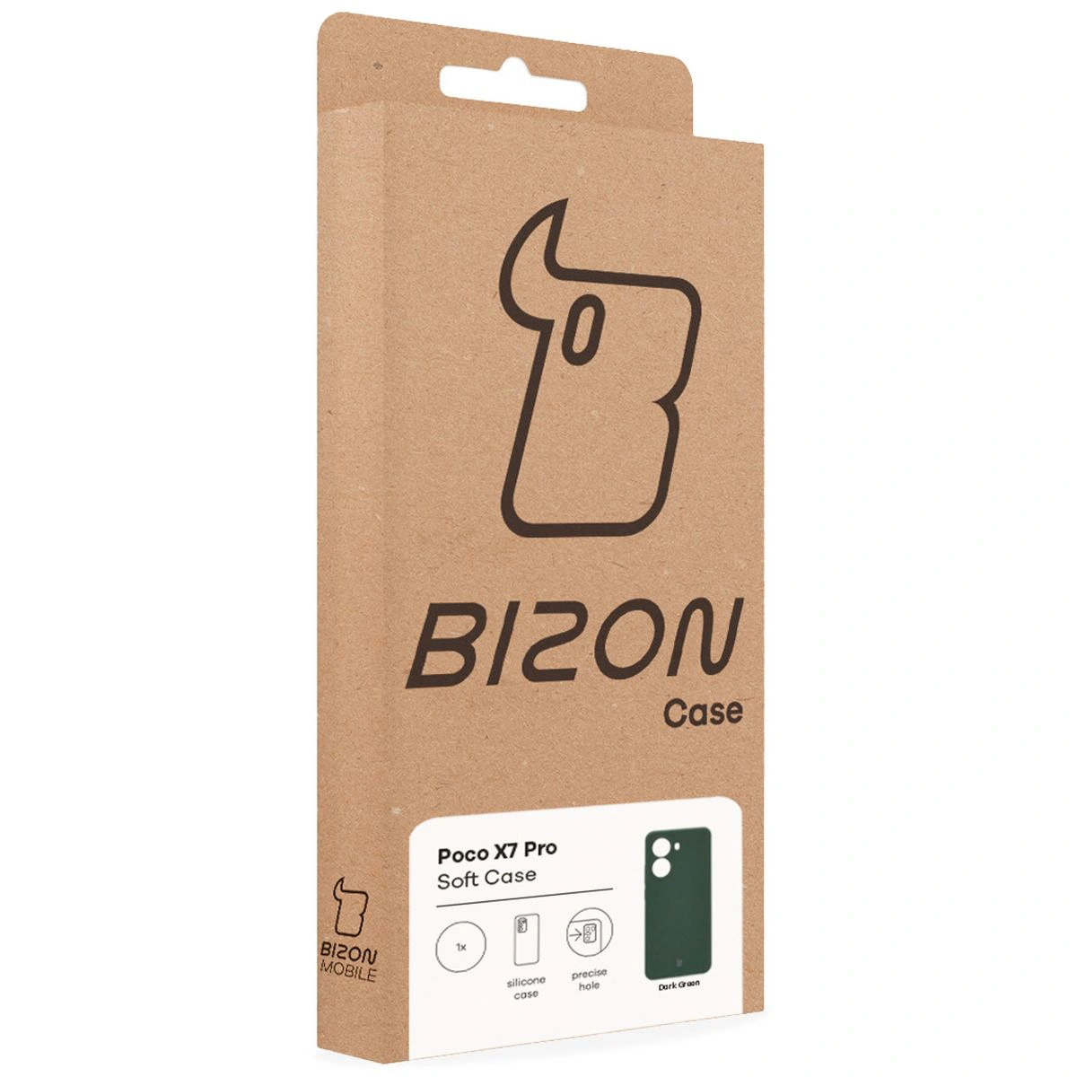 Fața cutiei Bizon Case cu eticheta dedicată pentru Xiaomi Poco X7 Pro