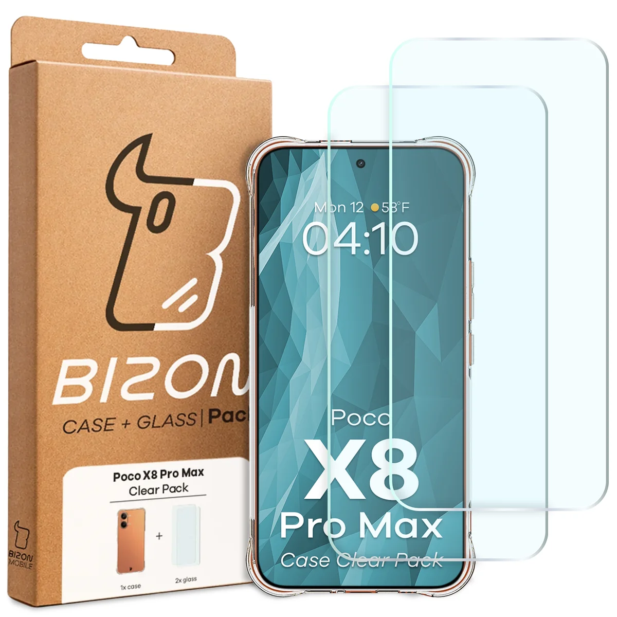 Front of the Bizon Case+Glass box with a dedicated label for Xiaomi POCO X8 Pro Max