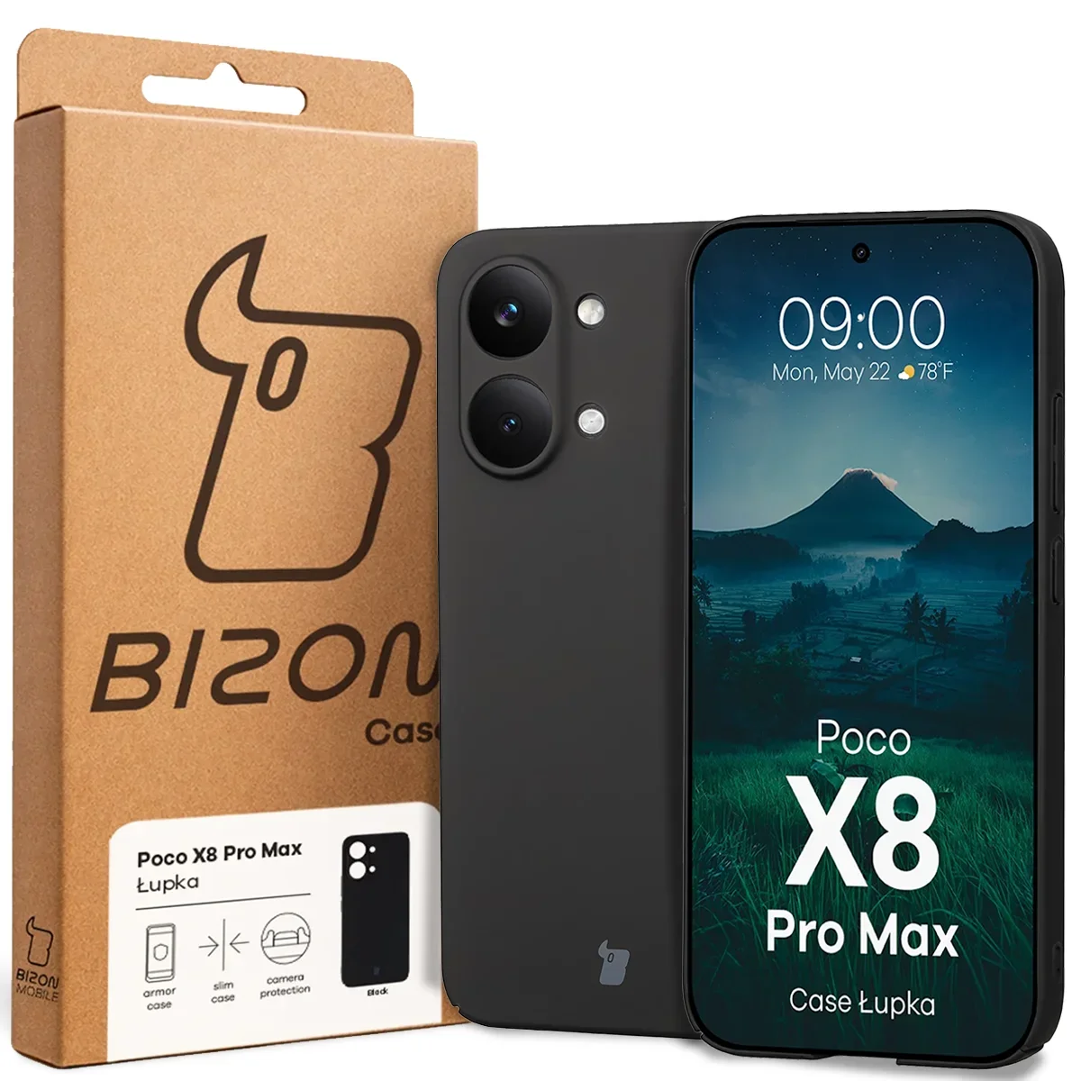 Front of the Bizon Case box with a dedicated label for Xiaomi POCO X8 Pro Max