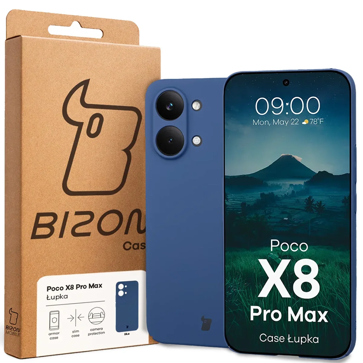 Przód pudełka Bizon Case z dedykowaną etykietą do Xiaomi POCO X8 Pro Max