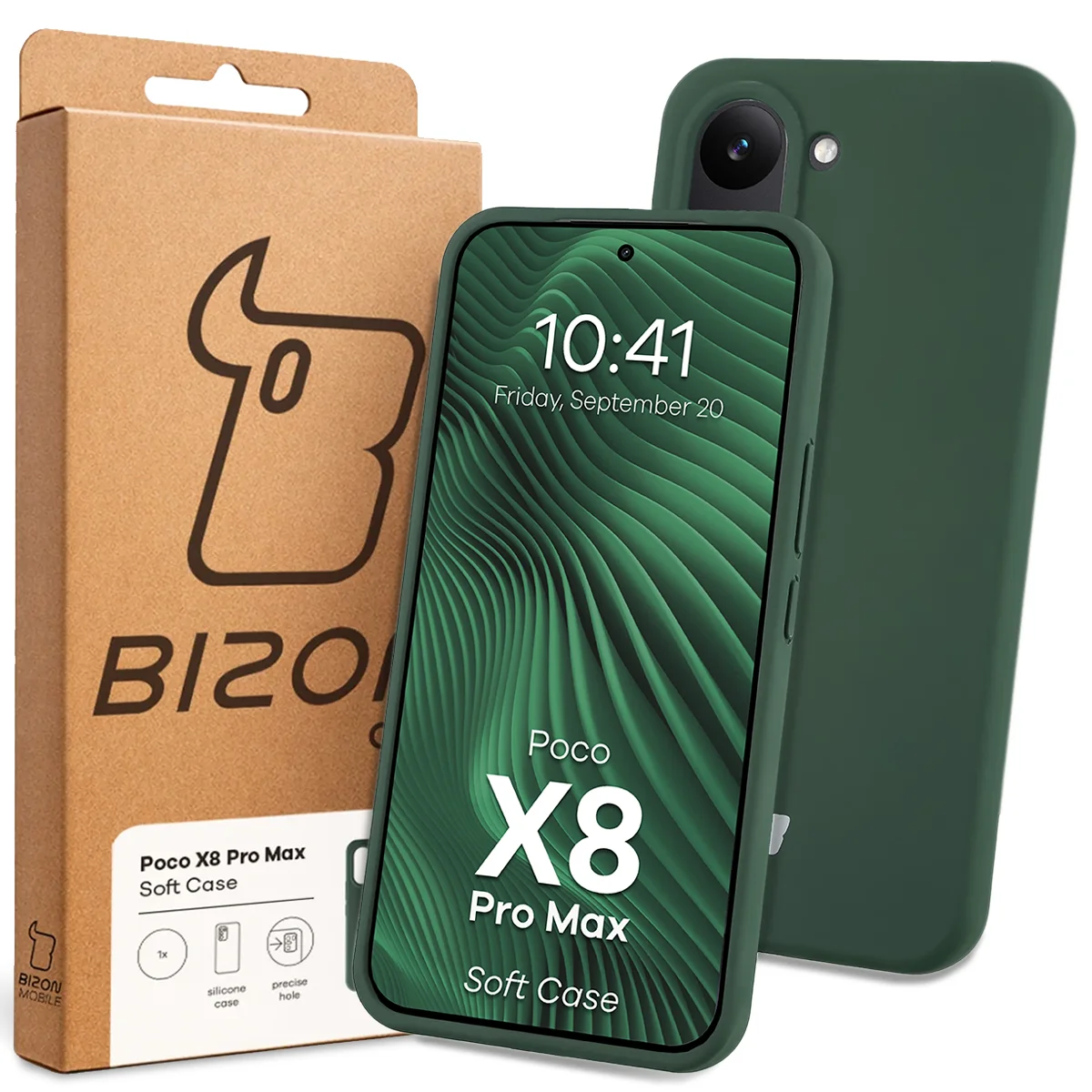 Przód pudełka Bizon Case z dedykowaną etykietą do Xiaomi POCO X8 Pro Max