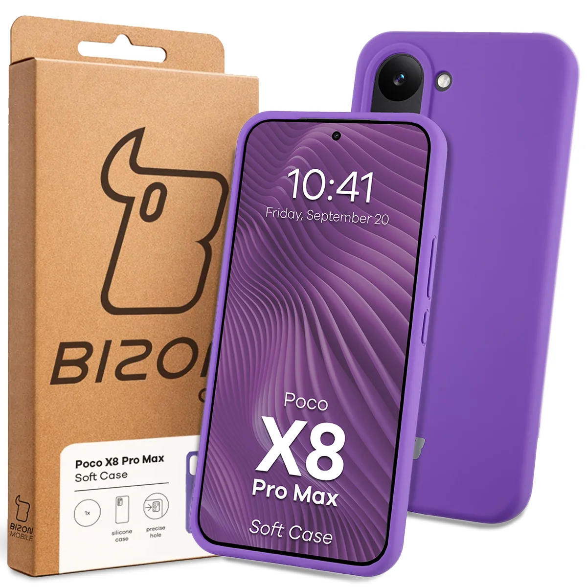 Przód pudełka Bizon Case z dedykowaną etykietą do Xiaomi POCO X8 Pro Max