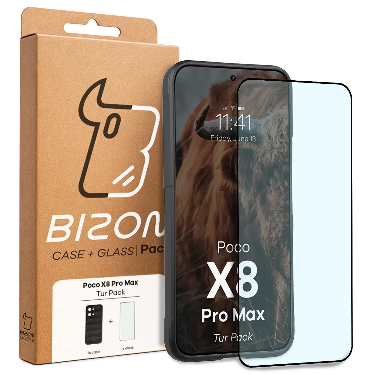 Przód pudełka Bizon Tur Pack z dedykowaną etykietą do Xiaomi POCO X8 Pro Max