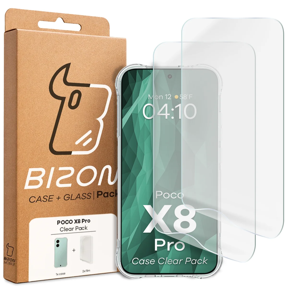 Przód pudełka Bizon Case+Glass z dedykowaną etykietą do Xiaomi POCO X8 Pro