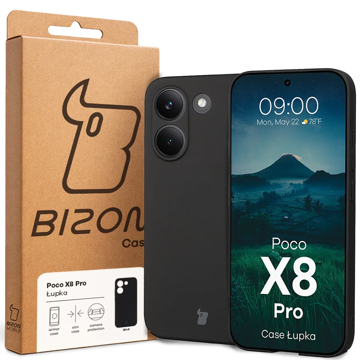 Przód pudełka Bizon Case z dedykowaną etykietą do Xiaomi POCO X8 Pro