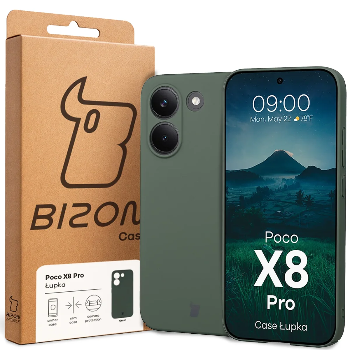Przód pudełka Bizon Case z dedykowaną etykietą do Xiaomi POCO X8 Pro