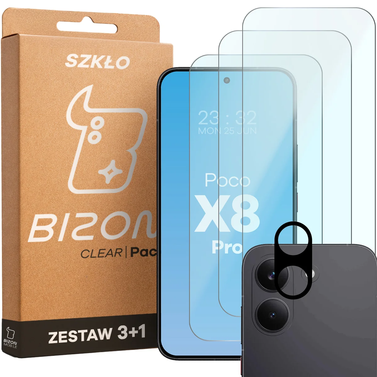 Box and set of glasses for Xiaomi POCO X8 Pro: 3x tempered glass and lens
