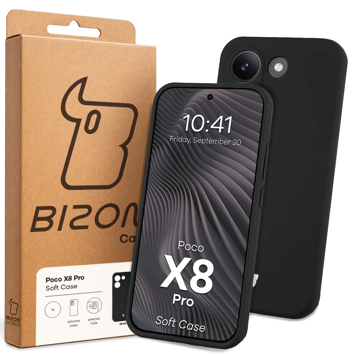 Przód pudełka Bizon Case z dedykowaną etykietą do Xiaomi POCO X8 Pro