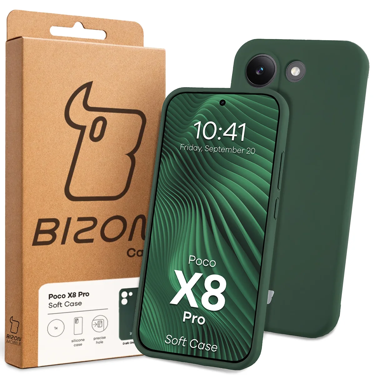 Przód pudełka Bizon Case z dedykowaną etykietą do Xiaomi POCO X8 Pro