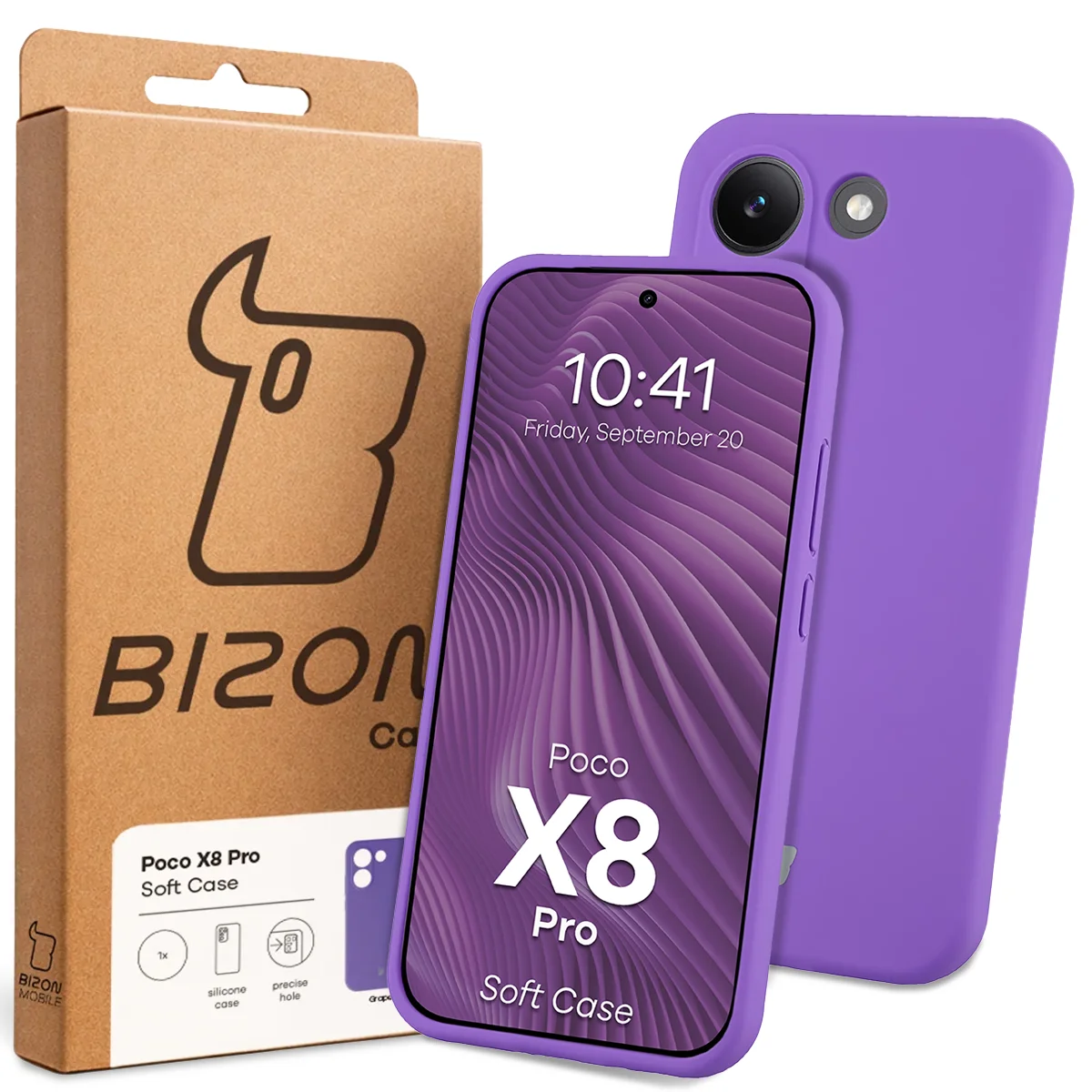 Przód pudełka Bizon Case z dedykowaną etykietą do Xiaomi POCO X8 Pro