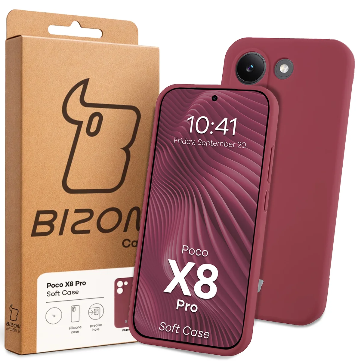 Przód pudełka Bizon Case z dedykowaną etykietą do Xiaomi POCO X8 Pro
