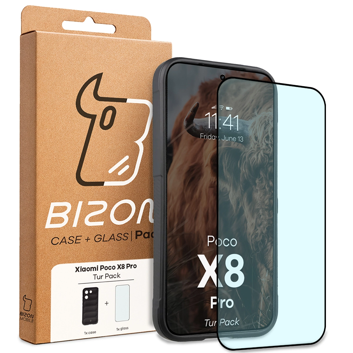 Przód pudełka Bizon Tur Pack z dedykowaną etykietą do Xiaomi POCO X8 Pro