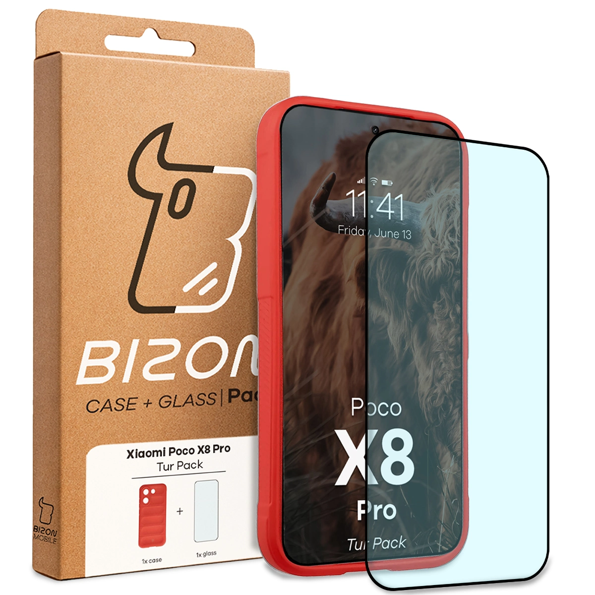Przód pudełka Bizon Tur Pack z dedykowaną etykietą do Xiaomi POCO X8 Pro