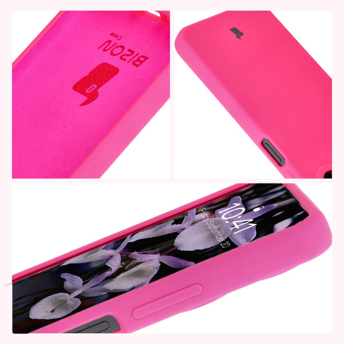 Konstruktion des Etuis Bizon Soft Case: integrierte Abdeckungen, erhöhte Ränder und Mikrofaserpolsterung