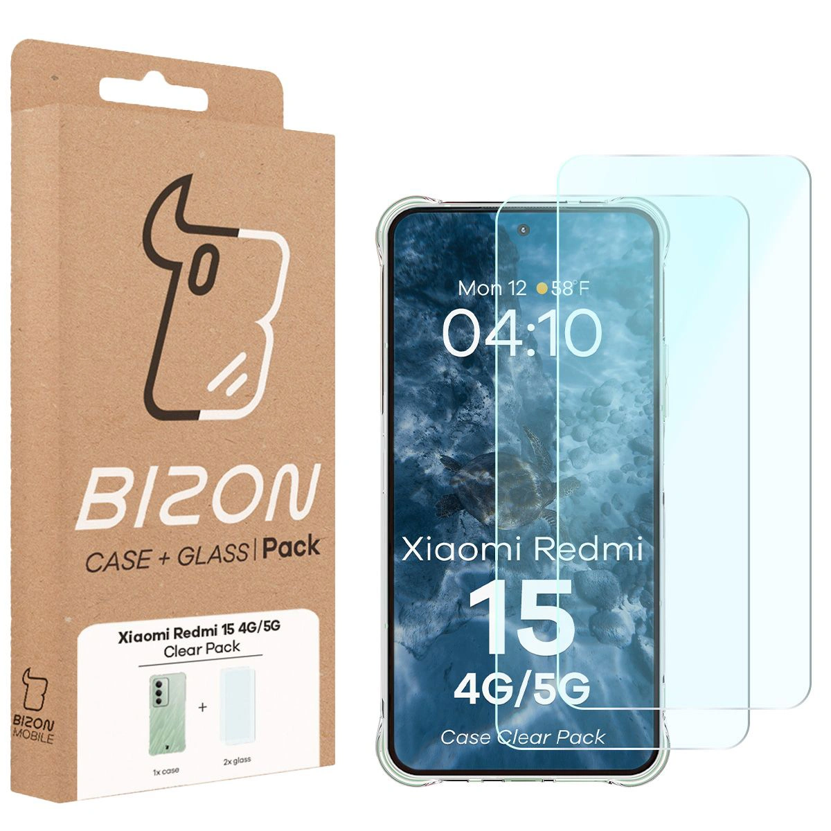 Front of the Bizon Case+Glass box with a dedicated label for Xiaomi Redmi 15 4G / 5G