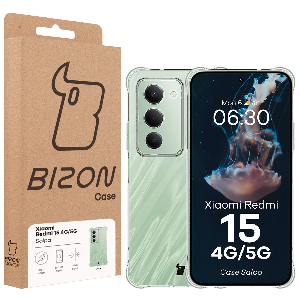 Przód pudełka Bizon Case z dedykowaną etykietą do Xiaomi Redmi 15 4G / 5G