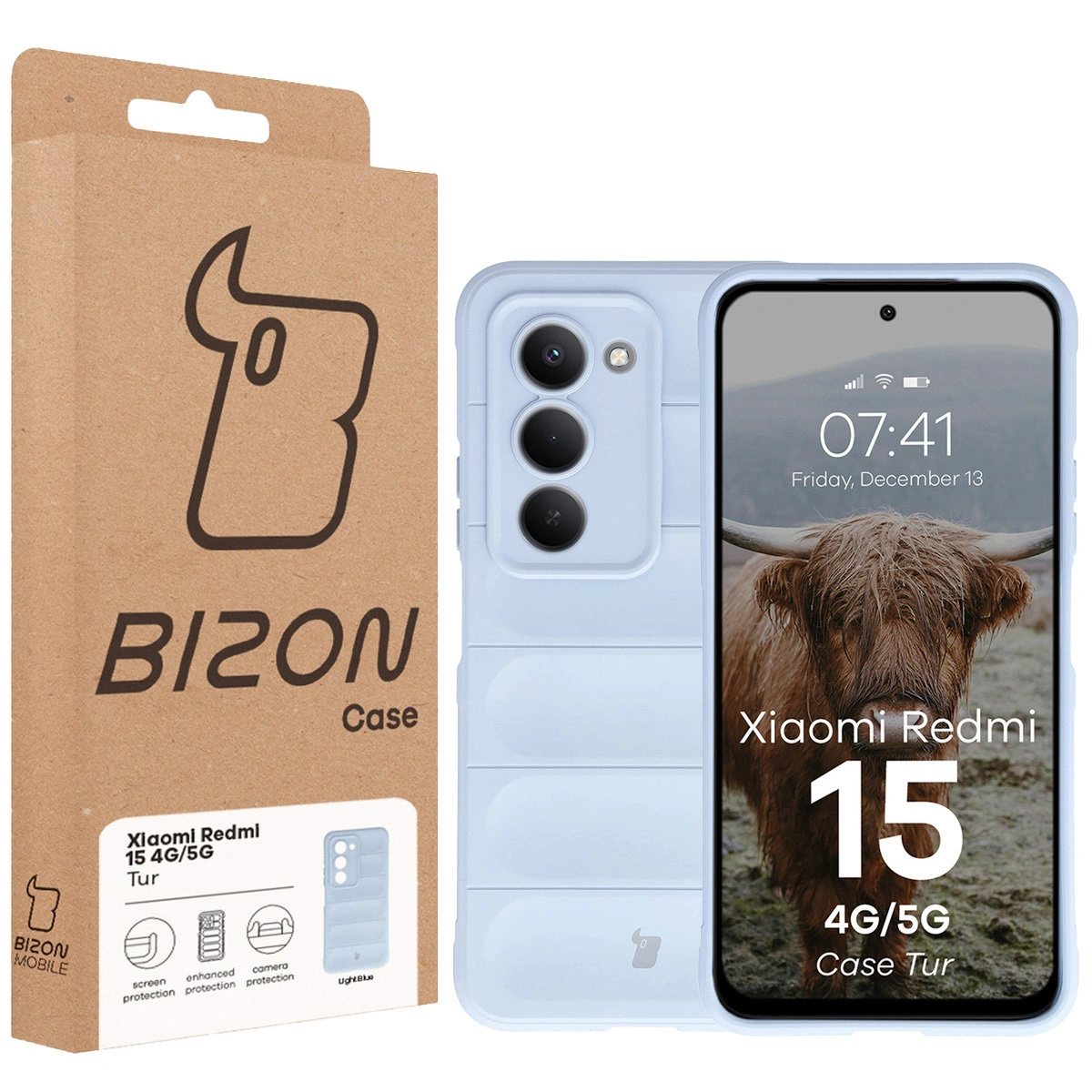 Vorderseite der Box Bizon Case mit dediziertem Etikett für Xiaomi Redmi 15 4G / 5G