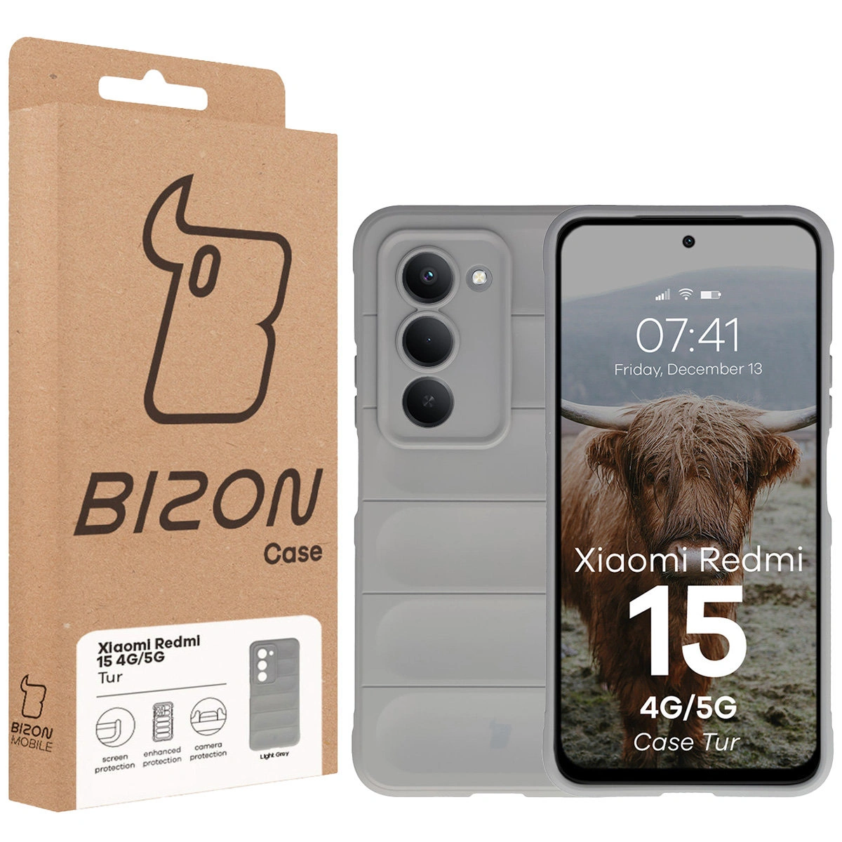 Vorderseite der Bizon Case Verpackung mit dediziertem Etikett für Xiaomi Redmi 15 4G / 5G