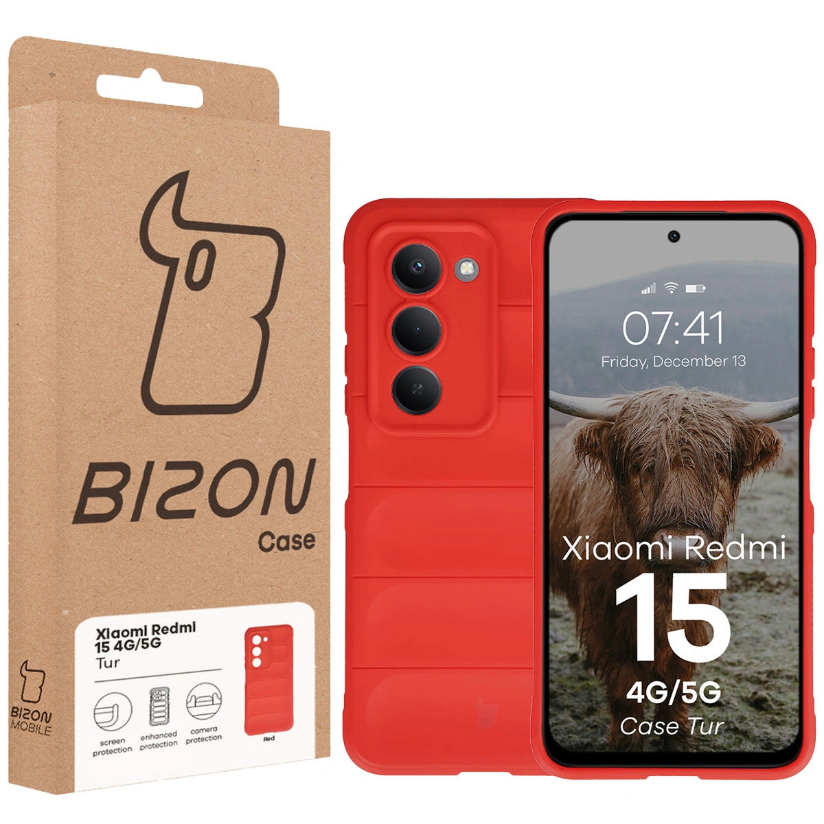 Vorderseite der Bison Case Box mit dediziertem Etikett für Xiaomi Redmi 15 4G / 5G