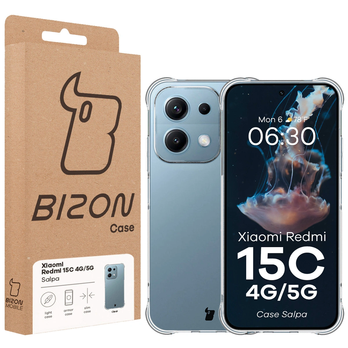 Vorderseite der Bizon Case Verpackung mit dediziertem Etikett für Xiaomi Redmi 15C 4G / 5G