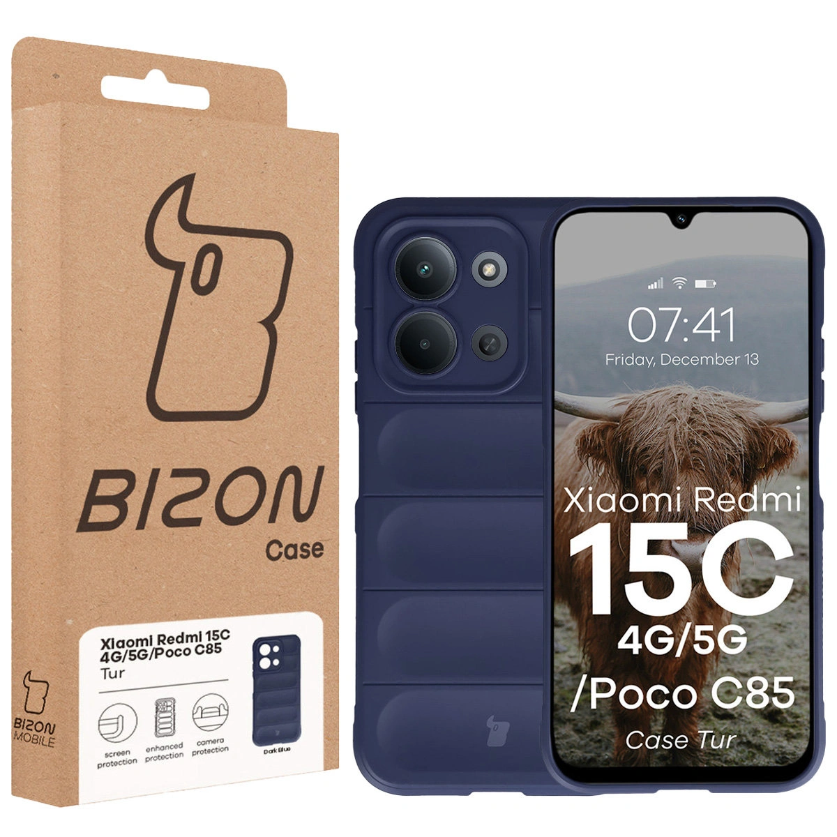 Front of the Bison Case box with a dedicated label for Xiaomi Redmi 15C 4G / 5G / POCO C85 4G