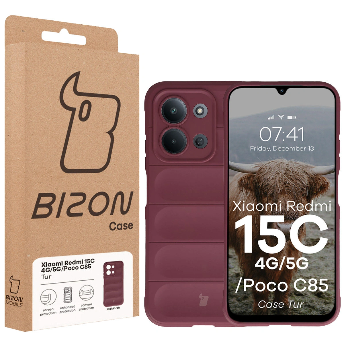 Vorderseite der Bizon Case Verpackung mit dediziertem Etikett für Xiaomi Redmi 15C 4G / 5G / POCO C85 4G