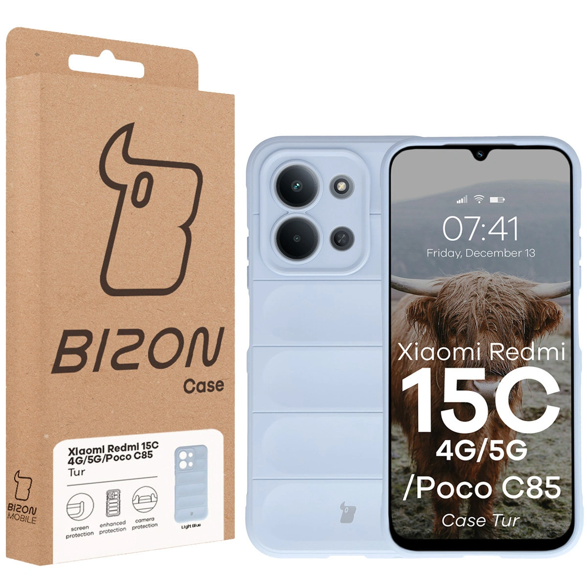 Przód pudełka Bizon Case z dedykowaną etykietą do Xiaomi Redmi 15C 4G / 5G / POCO C85 4G