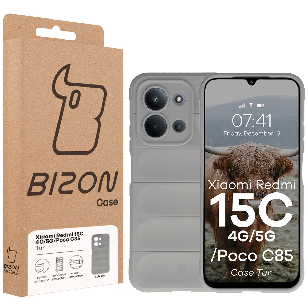 Vorderseite der Bizon Case Verpackung mit einem speziellen Etikett für Xiaomi Redmi 15C 4G / 5G / POCO C85 4G