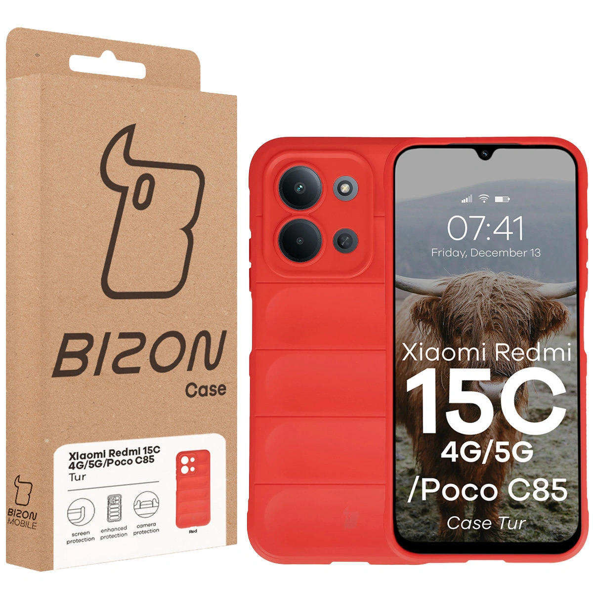 Przód pudełka Bizon Case z dedykowaną etykietą do Xiaomi Redmi 15C 4G / 5G / POCO C85 4G