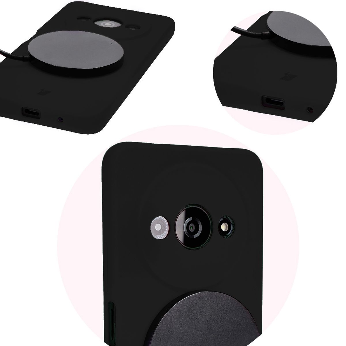 Close-up of precise cutouts and wireless charging capability in Bizon Soft Case
