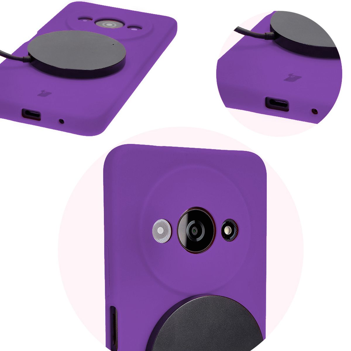 Close-up of precise cutouts and wireless charging capability in Bizon Soft Case
