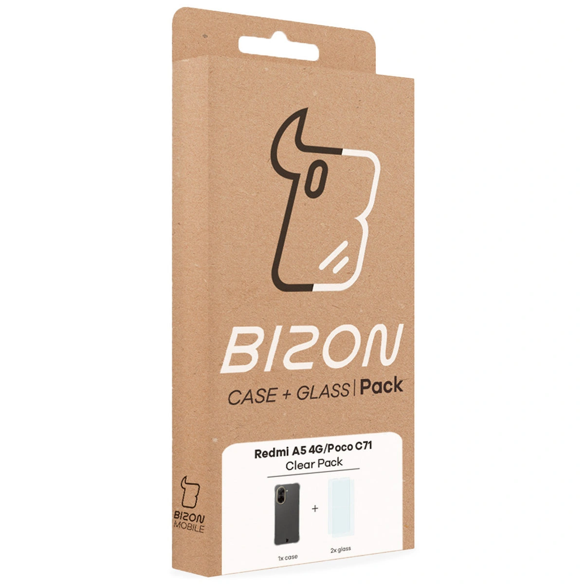 Front of the Bizon Case+Glass box with a dedicated label for Xiaomi Redmi A5 4G / Xiaomi POCO C71 4G
