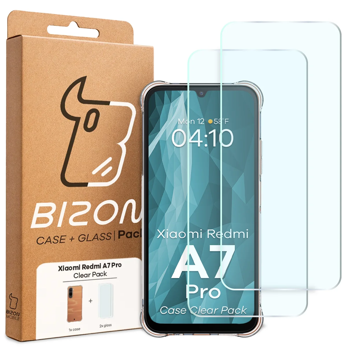 Fața cutiei Bizon Case+Glass cu eticheta dedicată pentru Xiaomi Redmi A7 Pro