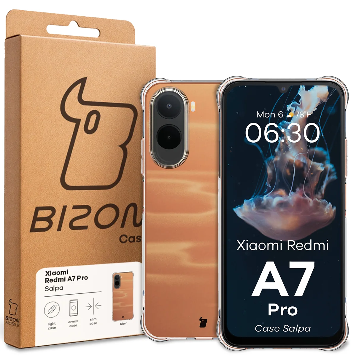 Front of the Bizon Case box with a dedicated label for Xiaomi Redmi A7 Pro