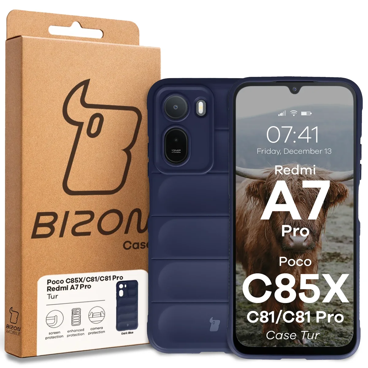 Przód pudełka Bizon Case z dedykowaną etykietą do Xiaomi Redmi A7 Pro / POCO C85X / C81 / C81 Pro