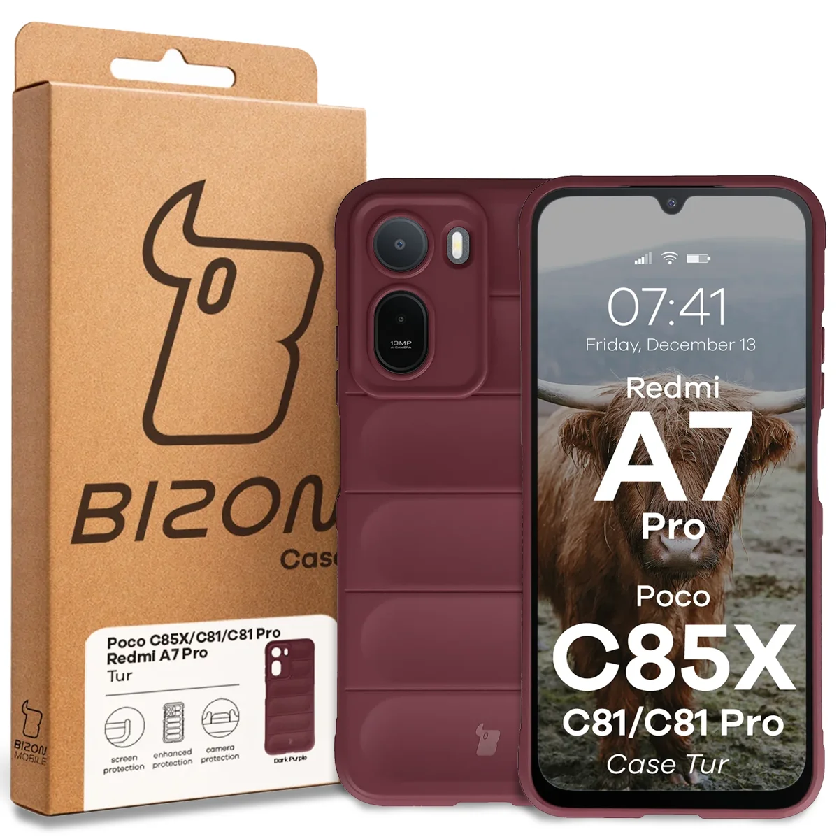 Przód pudełka Bizon Case z dedykowaną etykietą do Xiaomi Redmi A7 Pro / POCO C85X / C81 / C81 Pro