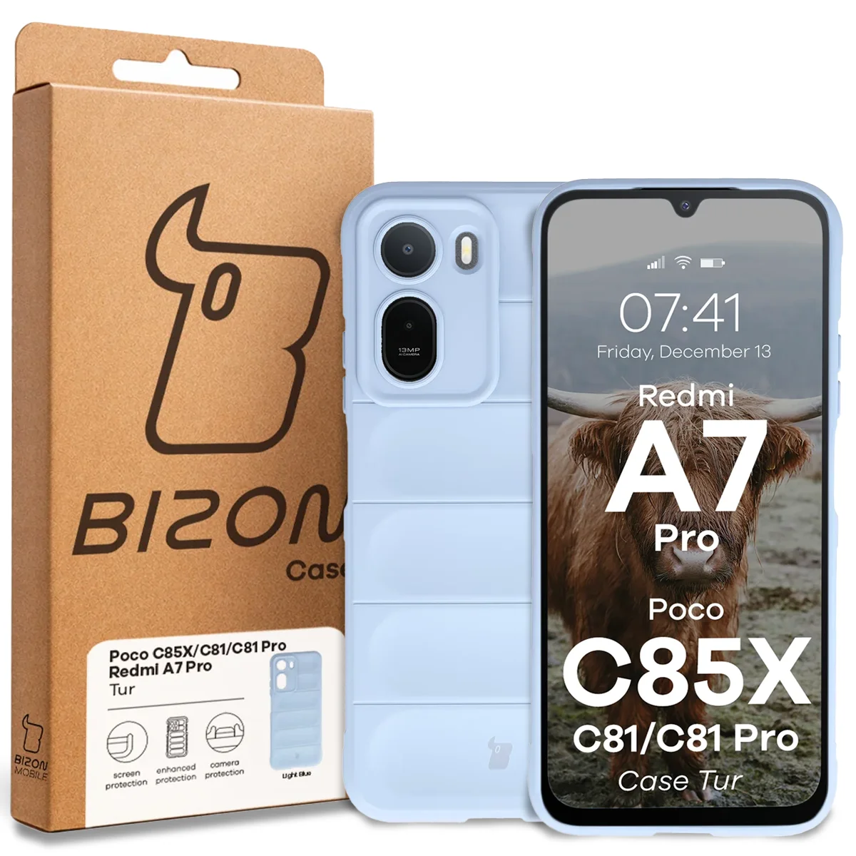 Przód pudełka Bizon Case z dedykowaną etykietą do Xiaomi Redmi A7 Pro / POCO C85X / C81 / C81 Pro